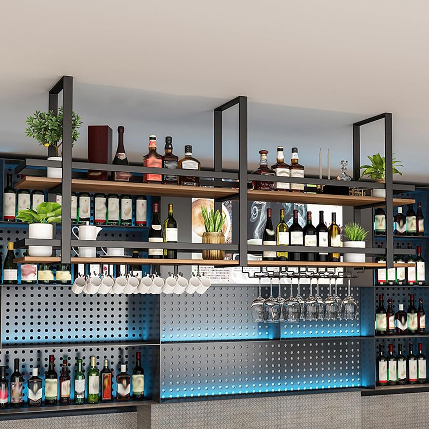 Soporte Para Copa de Vino Colgante Botellero - Botellero de Techo con Portabotellas, Soporte de Botella de vino Colgante Industrial de 2 Capas, Para Cocina de Bar Cafetería (180×30×80cm, negro)
