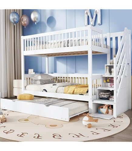 Lit Superposé Enfant Bois 90x200 + 140x200 Cm Avec Lit Gigogne - Blanc, échelle Rangement, Barrière Sécurité