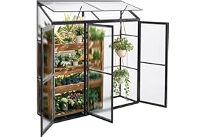 Gegaden Anlehngewächshaus Tomaten Gewächshaus 180x55x190cm Aluminium Beistell-Gewächshaus, Treibhaus Gartenhaus Frühbeet mit Rückwand, Gewächshaus Winterfest Klein, Minigewächshaus, Schwarz