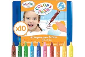 Aladine - 10 Crayons de Bain - Colors Bath - Feutres de Bain Effaçables - Pour Dessiner & Écrire - Avec Mallette de Rangement - Faciles à Nettoyer - Jeu de Bain Enfant 3 ans - 42032