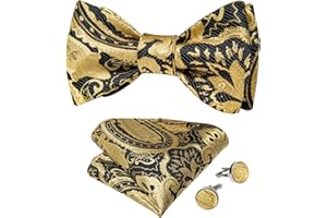 DiBanGu Men's Paisley Floral Silk Bow Tie Set Self-tied Bowtie and Pocket Square Cufflinks Set for Wedding Party Business