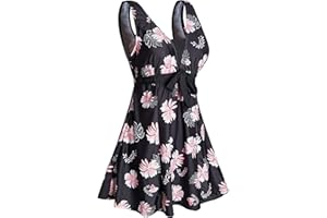 Ecupper Maillot de Bain Une Pieces pour Femme Rétro Jupe avec Volantée Contrôle du Ventre Push Up Col en V