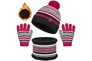 heekpek Berretto Sciarpa Inverno Berretto Scaldacollo Guanti Set Scaldacollo Set sciarpa cofano unisex Caldo Pile Lavorato a Maglia Con Adorabile Pompon Soffice 3-6 Anni