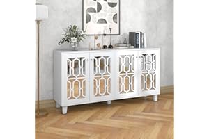 Azkoeesy Aparador de 160 x 40 x 84 cm, buffet con 4 puertas de espejo de cristal, con asas de cristal fresco, mueble de cocina, para sala de estar y comedor, color blanco