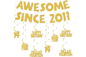 AURMONIGO 14th Birthday Banner Decorations Gold - Awesome Since 2011 Glitter Banners and Hanging Swirls, Happy 14th Birthday Party Decoration for Girls and Boys