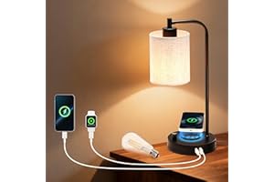 HESTIA NEST Lampe de chevet LED avec chargeur induction et ports de recharge USB-C+A, Intensité variable, Lampe chevet chambre led avec variateur, Idéale sur table de chevet, Abat-jour en lin, Chargeur sans fil