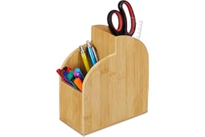 Relaxdays Bambusowy pojemnik na długopisy, organizer na biurko, do biura, 2 przegródki, wys. x gł.: 20 x 17 x 9 cm, pudełko na długopisy, pojemnik na długopisy, naturalny