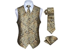 HISDERN Men's Paisley Waistcoat Floral Jacquard Necktie Pocket Square Handkerchief Wedding Party Business Fit Vest Suit Set XS-6XL