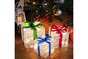 SANHSEHOME 3er Set LED Geschenkbox Weihnachten, Beleuchtete Deko Geschenke mit 60 LEDs, 8 Lichtmodi & Timer, Weihnachtsdeko mit Stecker für Innen & Außen, Weihnachtsbaum Fenster Garten (PVC)