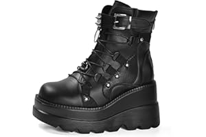 Gothniero Goth Platform Boots Black Gothic Chunky Heel Boots for Women Combat Ankle Wedge Booties with Side Zip Lace Up Size 3UK-8UK