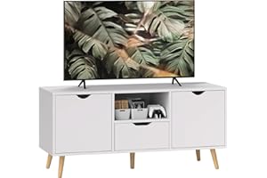 HOMCOM Mobile Porta TV max 50" Moderno con Cassetto, Ripiano Aperto e 2 Armadietti, Mobile TV con 5 Gambe in Legno di Pino, 110x40x50 cm, Bianco