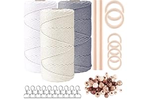 Qetlavee Makramee Garn 3mm x 180m, Baumwolle Makramee 3stk 60m Baumwollgarn Bunt Farbverlauf für DIY Boho Deko Handwerk Mit 10 Schlüsselanhänger 40 Holzperlen 6 Holzringe 2 Rundstab(Weiß,Beige,Grau)