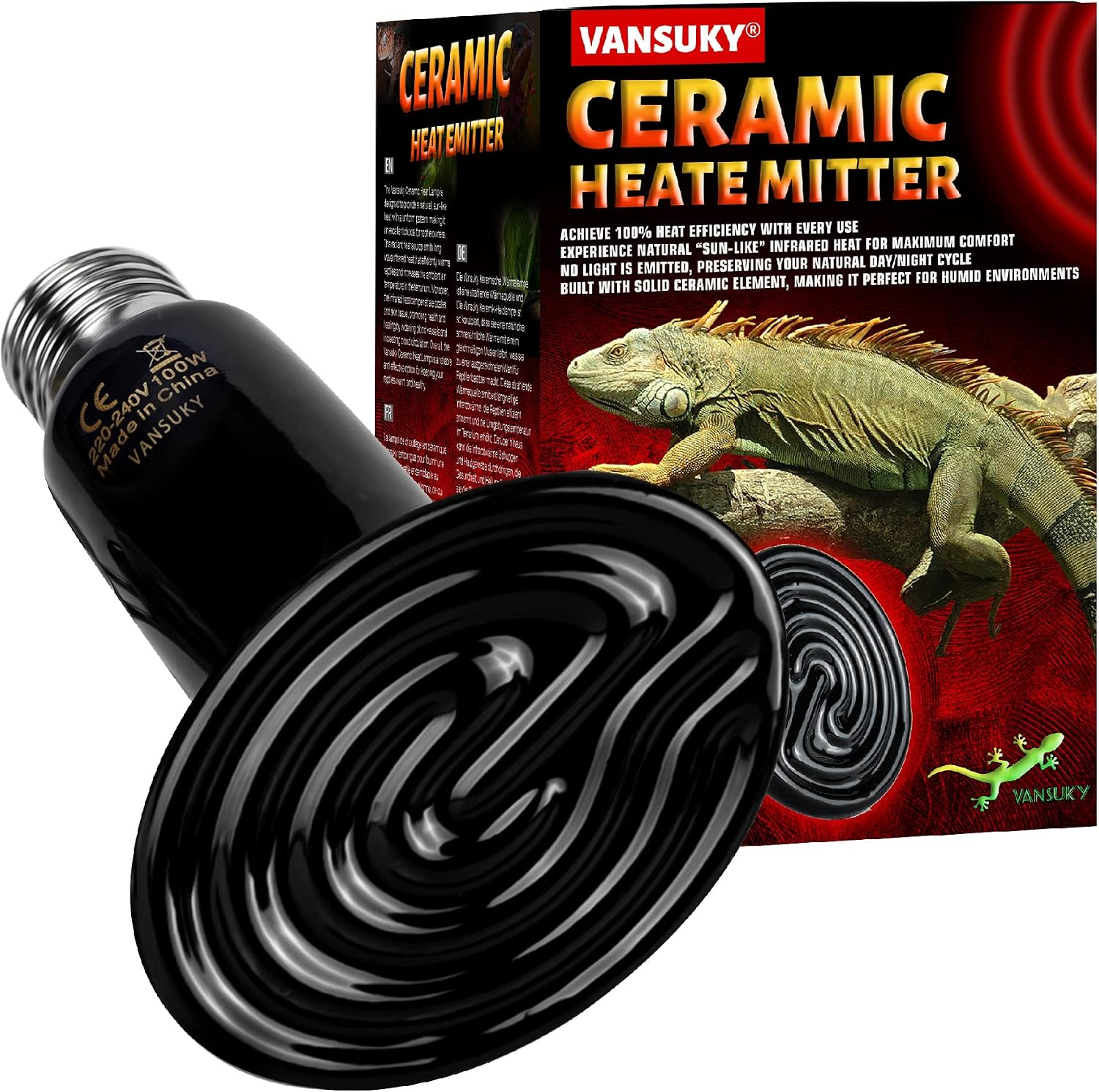 VANSUKY Emisor de Calor Cerámico 75W sin Luz para Reptiles – Lámpara Infrarroja de Calefacción Resistente al Agua para Terrarios, Vivarios, Perros, Gatos y Anfibios