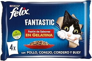 FELIX Fantastic, Comida Húmeda para Gato Adulto, Gelatina, Surtido de Pollo, Conejo, Cordero y Buey, 12 Packs de 4 Sobres de 85 g. (48 Sobres)