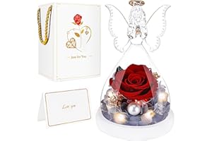 BoriYa Infinity Rosen - Rose Geschenk für Frauen, Muttertagsgeschenke für Mama, Ewige Rose im Glas Engel mit LED Licht und Perlen, Konservierte Blumen in Engelsfigur,Eternal Rosen Geschenke für Mutter