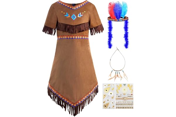 ReliBeauty Enfants Déguisement Costume Indien d'Amérique pour Fille,Marron