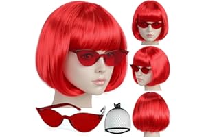 Short Red Bob Wig +Sunglasses 3Pcs Short Bob Wig with Bangs Bright Red Cosplay Wigs for Women Costume Halloween Crazy Fun Party Wigs for Women Pelucas De Mujer+ clarahead Hair Cap