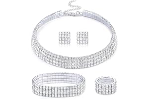 Kakonia Ensemble de bijoux en cristal avec strass Collier ras du cou avec strass Boucles d'oreilles avec strass Bracelet extensible avec strass Bague extensible Bijoux de fête