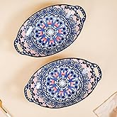 Nestasia Set of 2 Blue Mandala Design Ceramic Serving Platter with Handles for Snacks, Appetizers, Salads, and Noodles | Micr