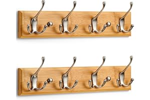 LARHN Appendiabiti da Parete Legno (2 u.) - 4 Ganci Tripli in Nichel Opaco - 42 cm - Attaccapanni da Muro Moderno per Ingresso, Cameretta e Bagno