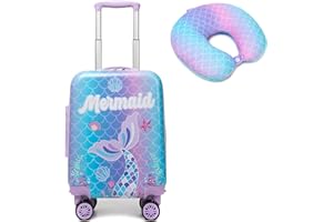 HTgroce 2 sztuki Walizka dziecięca Walizka podróżna dla dzieci z poduszką na szyję, tag bagażu, walizka dziewczęca z uniwersalnymi kołami, Syreny