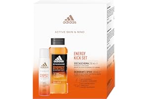 Adidas Active Skin & Mind, Confezione Regalo Energy Kick Set Gel Doccia Energy Kick da 250 ml + Deodorante Spray Energy Kick da 100 ml