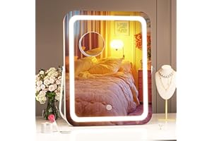 Hasipu Kosmetikspiegel mit Licht, 27 x 35cm LED Schminkspiegel, 3 Lichtmodi, Smart Touch Control dimmbar, 360ｰRotation, rechteckiger weißer Rahmen, mit 5X Vergrößerungsglas