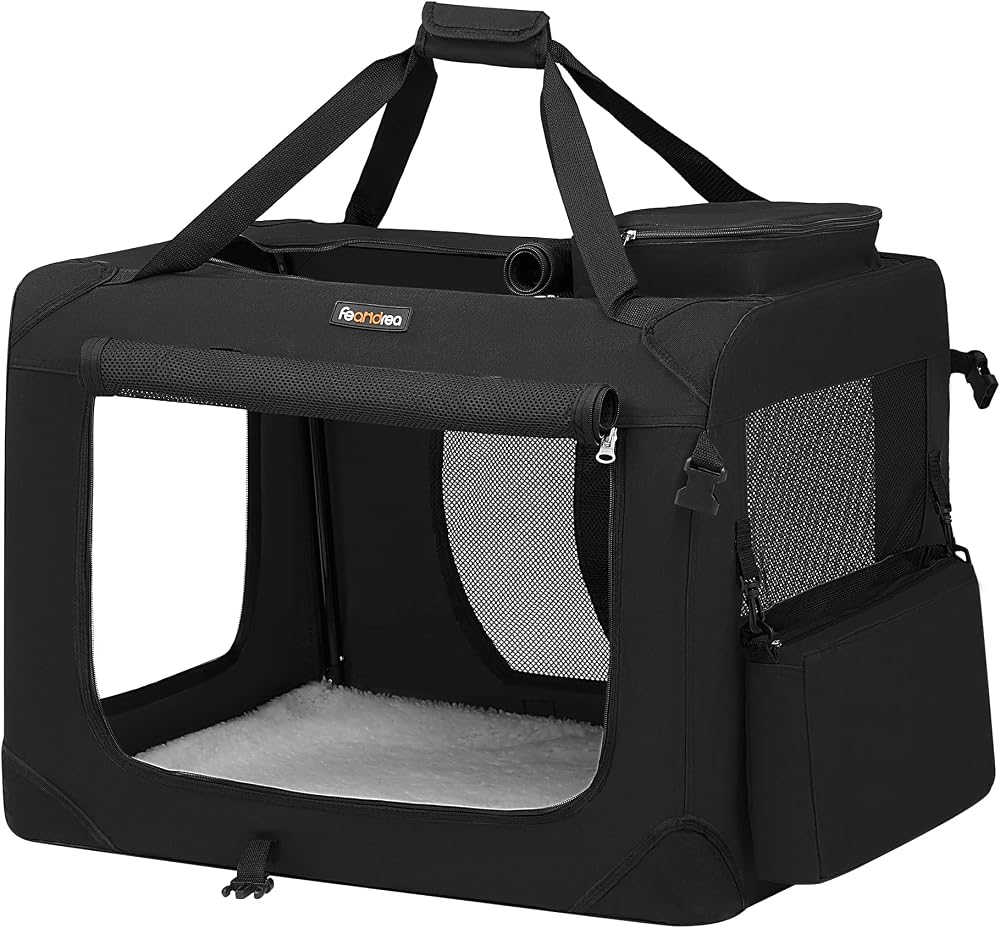 Feandrea Köpek kutusu, katlanabilir, taşıma kutusu, köpek, L, köpek çantası, Oxford kumaş, file kumaş, nefes alır, taşınabilir, metal çerçeve, saplı, cepli, 70 x 52 x 52 cm, siyah PDC70H