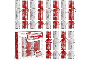 D-FantiX 12 Pack Christmas Crackers Party Favors with Red & White Snowflake Design, No-Snap Party Table Favors with Party Hats Joke Little Gifts, Xmas Holiday Dinner Traditions Supplies