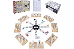 Gonoelec Double 12 Mexican Train Dominoes Game for Adults with 8pcs Wooden Trays, 9 Train Markers & 91 Color Dot Tile Dominos in Tin Box - Classic Family Board Game Set Toy Gift for Elderly & Kids