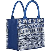 Jute Cottage Eco-Friendly Lunch & Grocery Bag for Men & Women | Blue Jute Tote with Aztec Print | Handcrafted Sustainable Tif