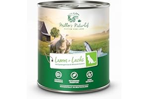Müllers Naturhof - Lamm und Lachs - 6 x 800 g - Nassfutter für alle Hunderassen - getreidefrei und glutenfrei - mit Gartengemüse und Wiesenkräutern - naturnahe Rezeptur mit 65% Fleisch und Fisch