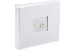 Kenro White Wedding Photograph Album for 200 Photos 6x4 inch / 10x15cm with Photo Window on Cover Finely Embossed Filigree Cover with Memo Space, Slip-In Pages, Pearl Wedding Ring Design - PL203