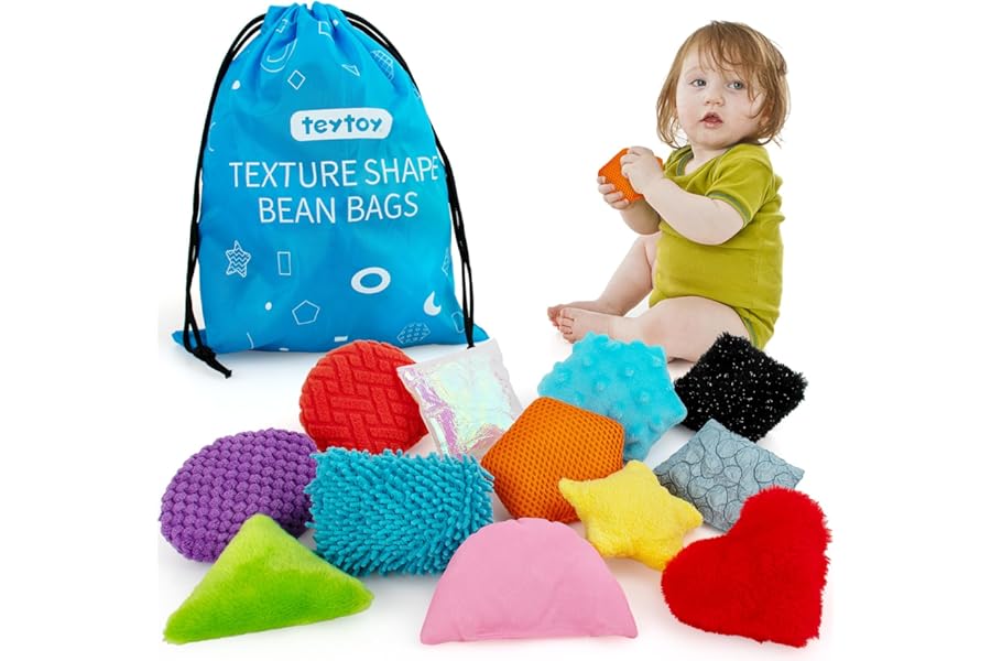 teytoy Texture Sensory Bean Bags Toys for Autism, 12 Fidget Sensory Shape Toys with Storage Bag, Develop Fine Motor & Sensory Play for Baby Boys Girls Special Needs Developmental Toys