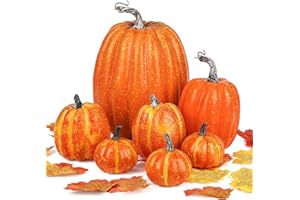 Obcarn Otoño Calabazas Decorativas, 7 Piezas Calabazas Junto con 100 Piezas Hojas De Arce Y 2 Metros De Cinta Luminosa, para Decoraciones Caseras De Halloween