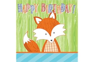 Creative Converting 16 Count 3 Ply Happy Birthday Forest Fox Lunch Napkins, Brown/Green