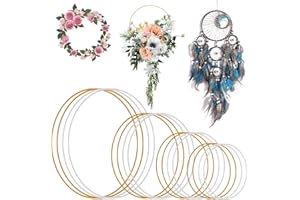 DADABIG 16 Pezzi Anelli in Metallo, Bianchi/Oro Cerchi Metallo per Ghirlande con Spessore 3mm, Cerchi per Acchiappasogni, Ghirlande Nuziali Fai da Te(8cm/10cm/15cm/20cm)