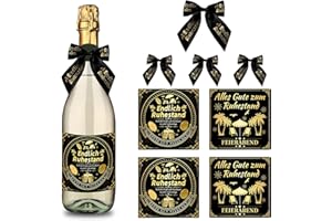 SANLIUSANJIU 8 Stück Endlich Ruhestand Flaschenetikett, 4 Blätter 9.8x9.8cm Etiketten für Sektflaschen Rente + 4 Weinflaschen-Schleife, Abschiedsges Kollegen WeinflaschenRuhestand Geschenk