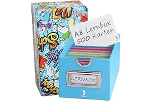 ‎RÖSSLER RÖSSLER Karteikarten Box A8 | Karteikasten zum lernen von Vokabeln - 500 Karteikarten + 10 Trennkarten | Mit Edelstahl Beschriftungsrahmen, Girffring & linierten 200g/m2 Lernkarten (Grafitti)