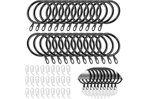 Alaoo 45 Pack Curtain Rings, Metal Drapery Curtain Rings with 50 White Plastic Hooks for Curtain Poles Rod Shower Curtain, 30 mm Internal Eyelets Diameter, Black