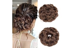 ‎GAIRYAN Gairyan Dutt Haarteil 40g Lockige Messy Hair Scrunchies, Gewellt Haarteil mit Gummiband, Haargummi mit Haaren, Kunsthaare Haarverlängerung Hair bun für Frauen(Dunkelbraun&Leichtes Auburn)