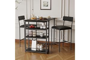 PortoAlegre Hochbartisch-Set 3-Teilig 1 Tisch + 2 Gepolsterte Stühle – Kompaktes Küchentisch-Set Mit 3 Ablagefächern, Platzsparend, Metall & MDF, Ideal Für Küche, Bar, Frühstücksecke, Grau