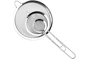 Relota Juego de 3 Colador de Cocina Acero Inoxidable 19/25/35 cm, Colador de Malla Fina con Manija, Tamiz de Harina para Alimentos y Vegetales, Separador de Salsa, Coladores de Pasta (Plateado)