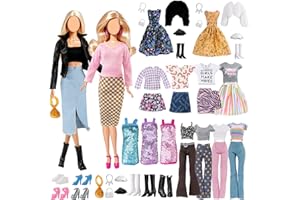 CARREUTY 16 Pcs Doll Clothes and Accessories Compatible with Barbie, 1 Leather Coat Set 1 Fashion Dress Set 1 Pencil Skirt Set 2 Outfits 1 Sequen Dress Shoes Bag Necklace Hat In Random, Girls