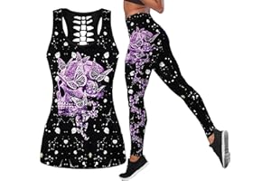 DRZHEAM Conjunto de 2 piezas de ropa casual de calaveras impresas en 3D, sin mangas, para yoga, leggings y pantalones de deporte