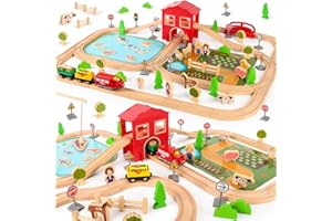 LumenVela Circuit Train Bois 100 Pièces Circuit Voiture Bois Thème de la Ferme Train Enfant avec Un Trainminiature, Un Étang et des Petits Animaux pour Enfants 4 5 6 7 8 Ans