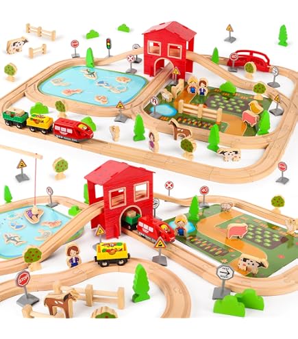 FANTASK Tavolo Da Gioco In Legno Per Ferrovia Bambini – 80 Pezzi, Piano Reversibile 2 In 1 (Illustrato/Bianco), Con Eliporto E Stazione, Per Bambini 3+ Anni