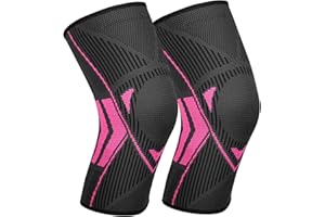 RUILALA Genouillère Sport pour Femmes 2 Pièces Genouillère de Compression Respirant Genouillère Rotulienne et Ligamentaire pour Déchirure du Ménisque, ACL, Arthrite, Tendinite (Rose rouge, L)
