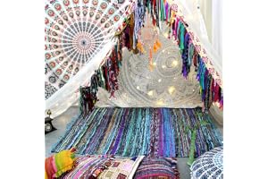 Aakriti Gallery - Indisk chindi-matta – handgjord med återvunna flerfärgade tygspetsar – boho dekorativ matta – 150 x 90 cm