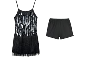 LOLANTA Traje de Baile con Flecos de Lentejuelas para Niñas, Conjunto de Baile Latino para Niños Salsa Rumba, Brillantes Minivestido Flecos de Baile Sin Mangas con Pantalón Corto